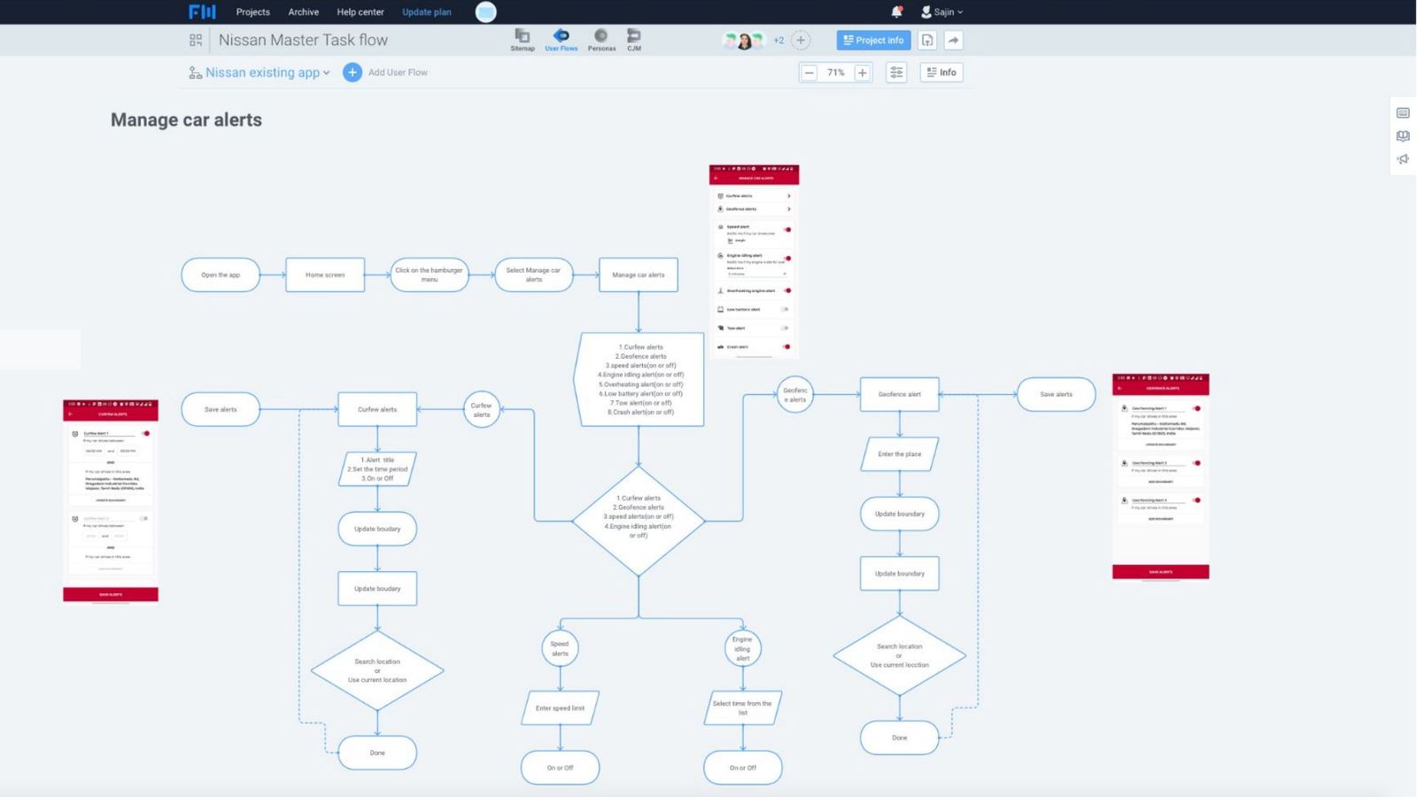 Existing app user flow, part two, managing car alerts