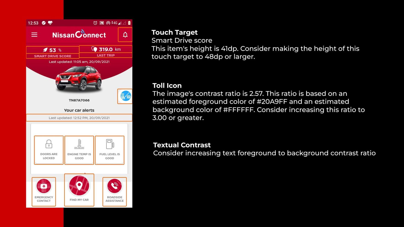 Touch target and contrast findings