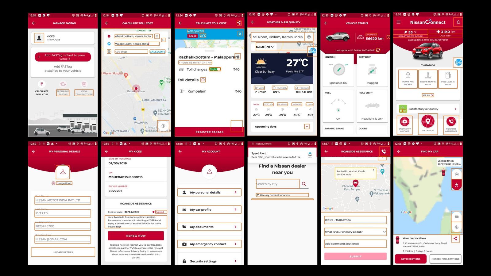 Twelve existing app screens with accessibility and consistency issues boxed in orange