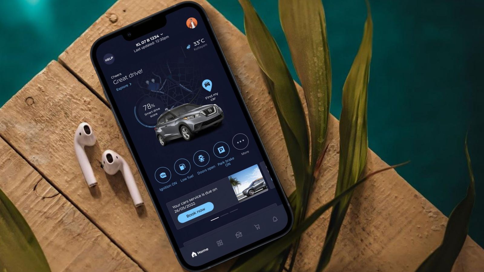 The final NissanConnect home screen, dark theme, on an iPhone