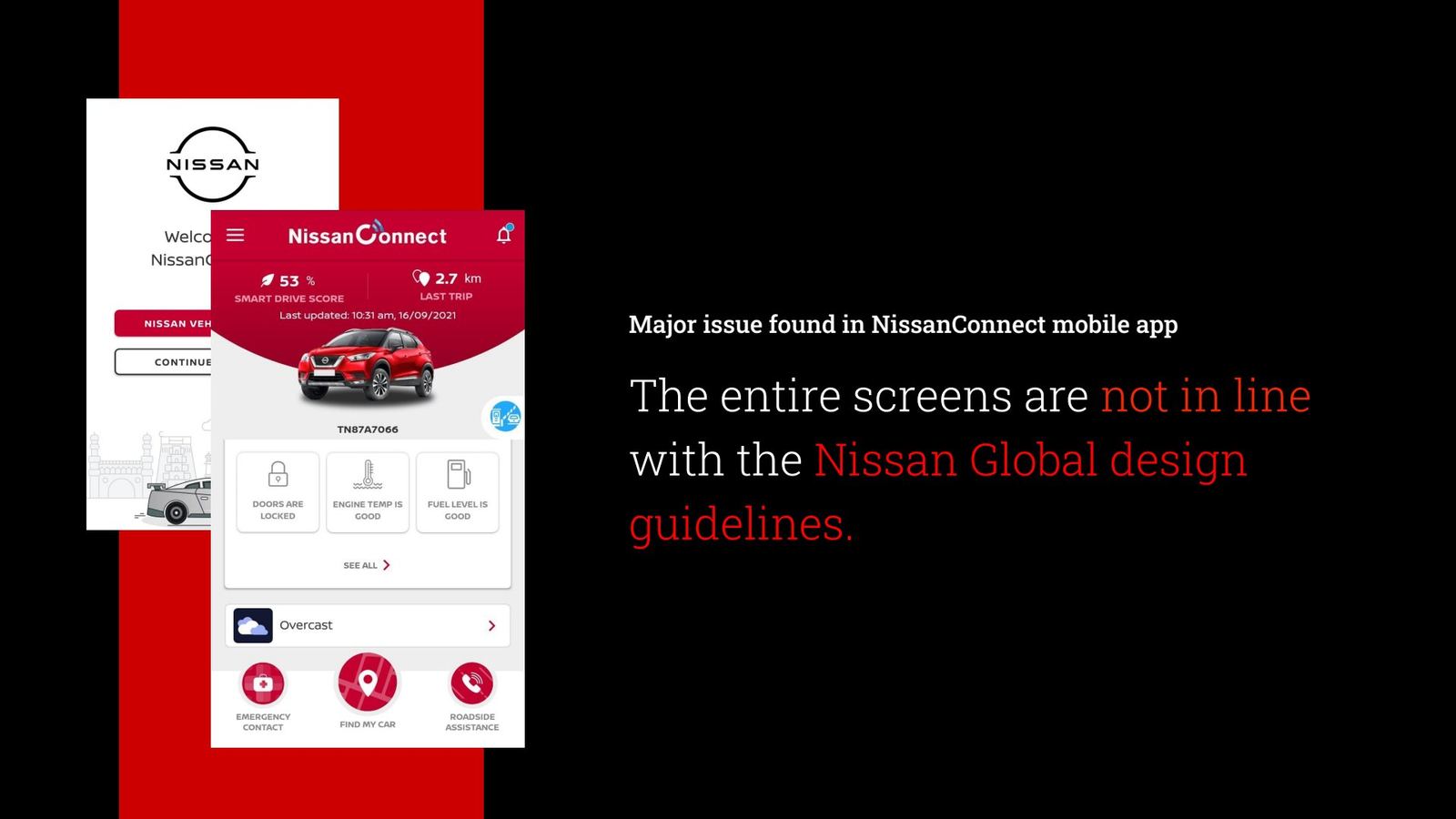 Major issue: screens not in line with Nissan global design guidelines